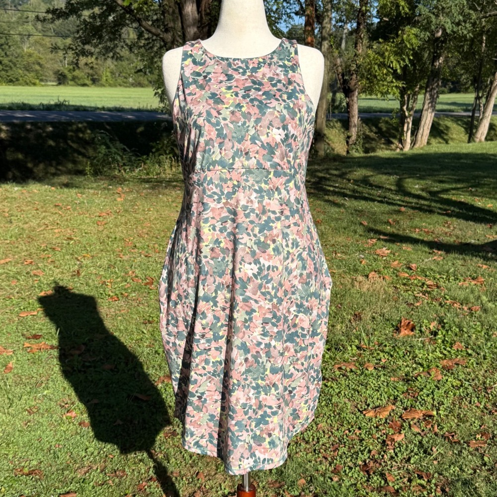 Prana Womens XL Green Pink Abstract Floral Sleeveless Pocket Recycled Dress